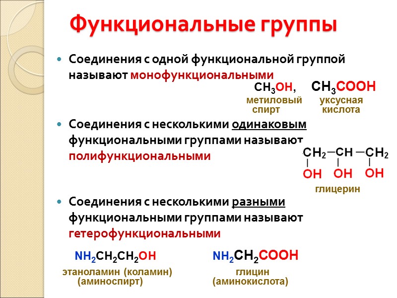 Функциональные группы Соединения с одной функциональной группой называют монофункциональными Соединения с несколькими одинаковым функциональными